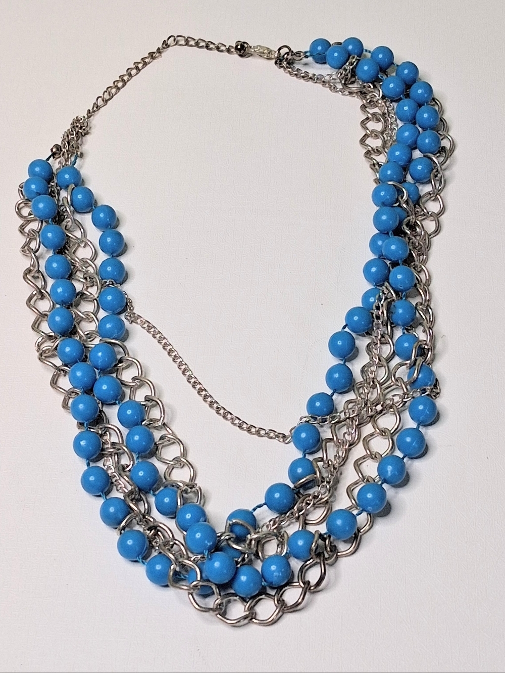Multi Strand Blue Beaded Layered Necklace Silver Tone Chain Chunky Statement